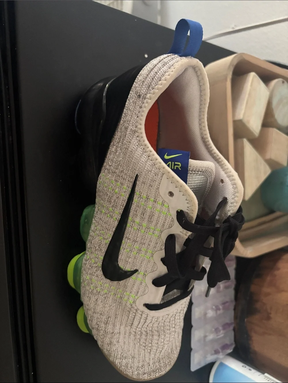 Nike Kids Gray Flyknit Sneakers with Black Swoosh and Green Air Pods